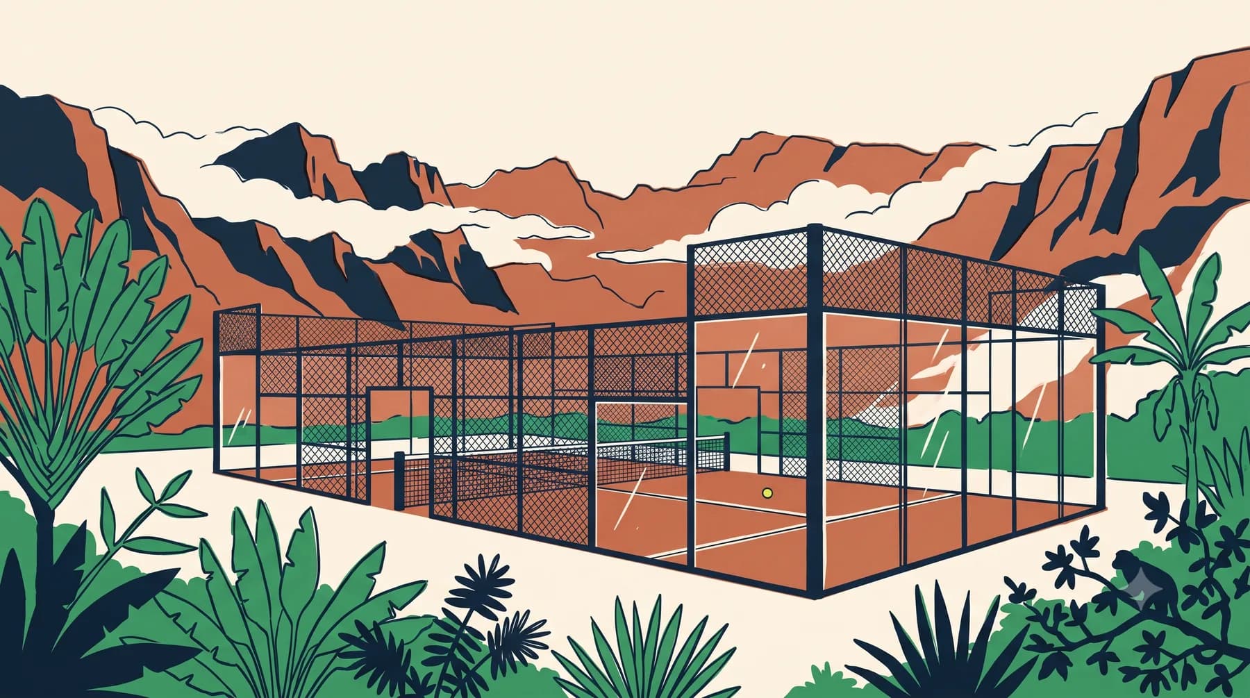 Un court de padel posé sur une terrasse dans les hauts de La Réunion, crêtes de basalte en arrière-plan