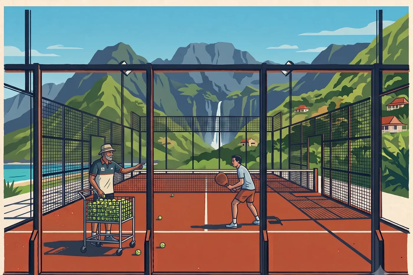 Un coach de padel avec son chariot de balles, donnant un cours à un élève